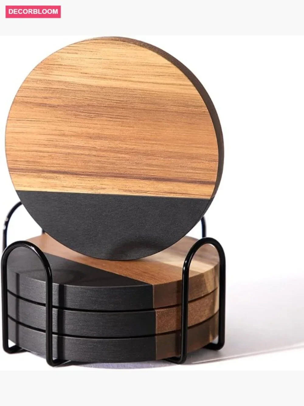 Set of 4 Acacia Wood Drink Coasters with Iron Holder